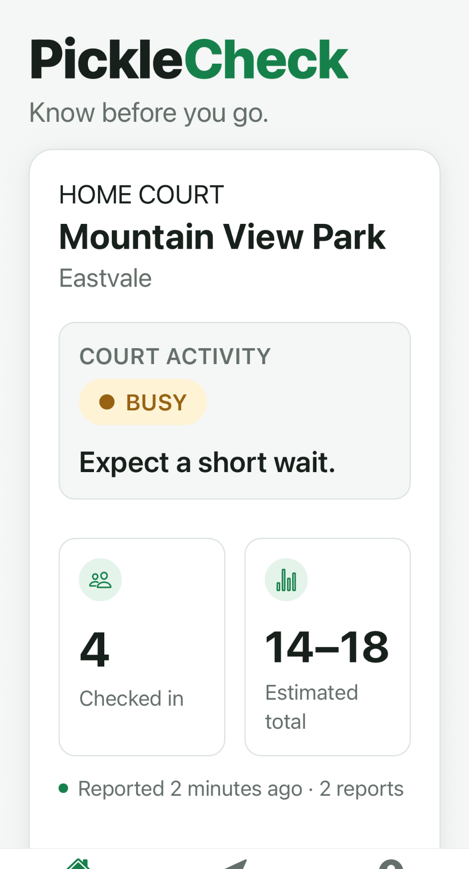 PickleCheck showing current activity at Mountain View Park